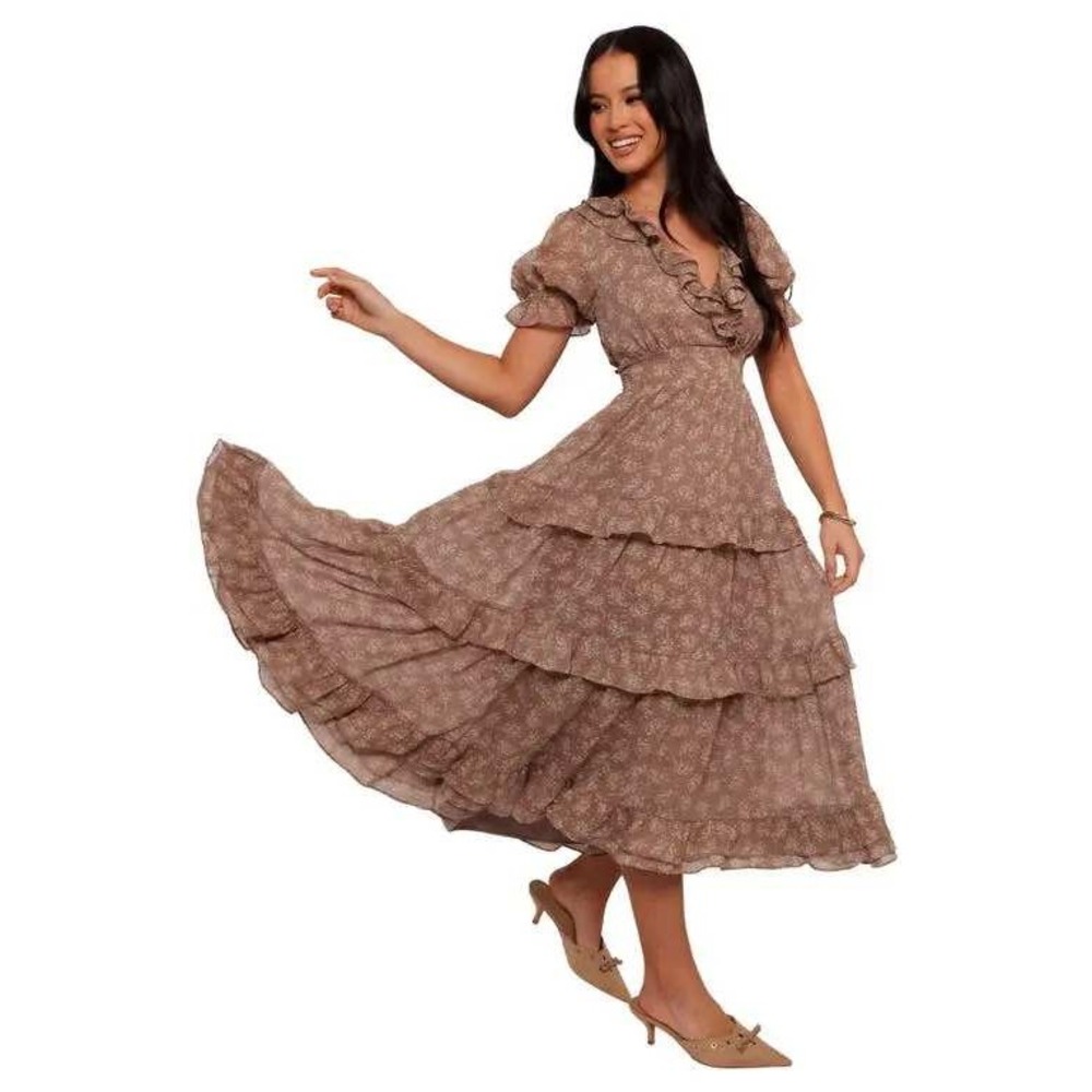 Petal & Pup Beige Floral Ruffle Tiered Dress Small Cottagecore Romantic Feminine